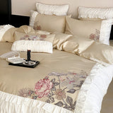1000TC Egyptian Cotton Flowers Embroidery Pleated Edge Bedding Set Queen King Duvet Cover Flat/Fitted Bed Sheet Pillowcases 4Pcs