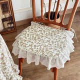 French Dining Chair Cushion Vintage Ruffled Strap Seat Cover Korean Style Floral Office Seat Cushion Removable and Washable