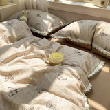 100% Brushed Cotton Bedding Set French Vintage Floral Duvet Cover Black Lace Trim Soft Pure Cotton Bed Sheet Pillowcases 4Pcs