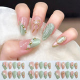 10pcs Pink Green Cat Eye Almomd Press On Nails 3D Gold Bow Bead Mini Flower Gradient False Nail Tips Full Cover Nail Extensions