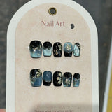 10pcs Cat Eye Handmade Press on Nails Glitter French False Nails Full Cover Flower Pattern Short Coffin Wearable Manicure Nail
