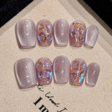 10Pcs 3D Flower Short Handmade Press on Nails Full Cover Rhinestone Pink French Ballet Cute Cat Eye Fake Nails Wearable Manicure