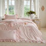 Pink Flowers Embroidery Ruffles Princess Wedding Bedding Set 1000TC Egyptian Cotton Duvet Cover Flat/Fitted Sheet Pillowcases