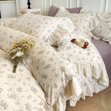 3/4Pcs Vintage French Floral Ruffles Knitted Cotton Double Yarn Soft Skin-friendly Bedding Set Duvet Cover Bed Sheet Pillowcases