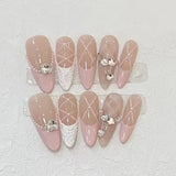 10PCS wearable french pink nails with bubble diamonds full cover handmade false nails with glue ballet long coffin press on nail
