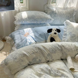 Blue Floral Ruffle Duvet Cover Set Queen Flower Leaf Comforter Covers 4Pcs Soft Luxury Pastoral Garden Washed Cotton Bedding Set