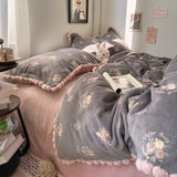 Ikeehome  Dr Flower Record Milk Fuzz Coral Fce Four Piece Set Girl Sle Warmth Bedding Cover Winter Cozy French Sle Bedding