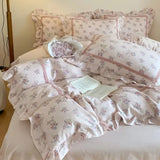 4Pcs Korean Princess Style Floral Ruffles 100% Cotton Bedding Set Queen King Size Duvet Cover Bed Sheet/Fitted Sheet Pillowcases