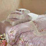 Flower Prints Ruffles Summer Cool Feeling Bedding Set 800TC Lyocell Soft Silky Duvet Cover Flat/Fitted Bed Sheet Pillowcase 4Pcs