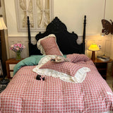 Vintage Plaid Pure Cotton double-layer yarn four-piece set French lace Bedding Set Duvet Cover Pillowcases Flat/Fitted Bed Sheet