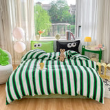 4pcs Simple Color Stripes Duvet Cover Set Cute Green Pink Bedding Big Eye Pattern Pillowcases Comforter Cover with 1 Bed Sheet