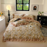 100% Cotton Korean Princess Style Flower Print Ruffles Bedding Set Queen Size Duvet Cover Flat/Fitted Bed Sheet Pillowcases 4Pcs