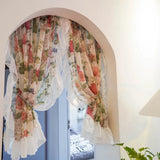2 Pieces Flower Sheer Ruffled Short Curtain for Kitchen Sink Small Window Half Curtain Romantic French Tulle Door Drapes