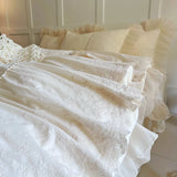 Pink French Princess Style Lace Ruffles Carved Velvet Warm Soft Bedding Set Duvet Cover Flat/Fitted Bed Sheet Pillowcases 4Pcs