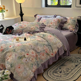 100% Cotton Flowers Printing Bedding Set Korean Style Ruffles Duvet Cover Sets Fitted Bed Sheet Pillowcases Home Textile
