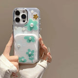 Cartoon pearl flower mirror stand holder back cover for iphone 15 14 13 pro max 16 promax cartoon 3D phone case