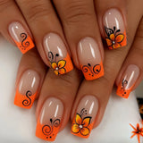 French Almond False Nails Retro Flowers Wearable Hand Drawn Press on Nails for Woman Datachable Full Cover False Nails Tips