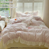 4pcs  Korean lace Duvet Cover Set (1*Duvet Cover +1 flat sheet + 2*Pillowcase, Without Core), Pink checkered print Bedding Set