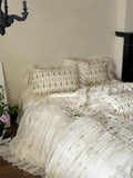 4Pcs Vintage French Pure Cotton Rose Print Pleated Lace Ruffles Bedding Set Queen King Size Duvet Cover Set Bed Sheet Pillowcase