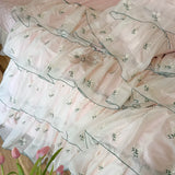 Three-layer Floral Embroidered Lace Ruffles 1000TC Egyptian Cotton Bedding Set Duvet Cover Flat/Fitted Bed Sheet Pillowcase 4Pcs