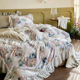 1000TC Egyptian Cotton Vintage French Lace Ruffles Floral Print Bedding Set Duvet Cover Set Bed Sheet/Fitted Sheet Pillowcases