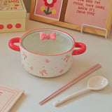 3Pcs Bow Ceramic Instant Noodle Bowl with Lid, High-Looking Double-Ear Instant Noodle Bowl with Lid and Large Capacity, Pink Girly Heart Ceramic Bowl for Home Daily Use, Party, Office Instant Noodle Bowl, Outdoor Camping Styl