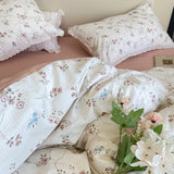 Floral Bedding Set Lace Trim Simple Fresh Elegant Flat Fitted Sheet With Pillowcases Soft Washed Cotton For Women Girl Gift