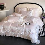 Chic Flower Embroidery Ruffles Princess Bedding Set 1000TC Egyptian Cotton Duvet Cover Flat/Fitted Bed Sheet Pillowcases 4Pcs