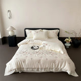 Butterfly Embroidery Luxury Bedding Set Lyocell Bamboo Fiber Soft Silky Duvet Cover Set Flat/Fitted Bed Sheet Pillowcases 4Pcs