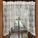 White Floral Lace Sheer Curtain Vintage Beaded Triangle Window Drapes for Dining Room Kitchen Entryway Elegant Home Decor