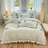 3/4Pcs Bedding Set Princess-Style Purple Bow Double-Layer Ruffles Duvet Cover Pillowcase Full-Size Queen Bed Sheet Set For Home