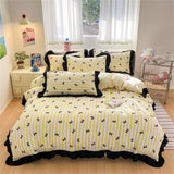 Black Lace Ruffles Korean Bow Decor Bedding Set Duvet Cover Pillowcase Washed Cotton Four-Piece Sets Soft Quilt Cover Bed Sheet