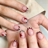 24Pcs Short Almond Press On Nails Floral French Tip Press ons False Nails Stars Print Fake Nails Leopard Print Fake Nails Set