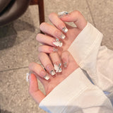 10Pcs Cat Eye Handmade Nails with Rhinestone Fake Nails 3D Butterfly French Polka Dot Ballet Press on Nails Wearable Manicure