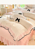 Korean Princess Style With Black Bow Lace Ruffles Pleat Milk Velvet Bedding Set Bedroom Decor Duvet Cover Bed Sheet Pillowcase