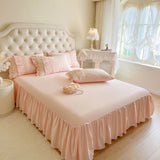 Pink Korean Princess Wedding 100% Cotton Bedding Set Four Layers Lace Ruffles Duvet Cover Bed Skirt Bedspread Pillowcases 4Pcs
