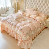 4Pcs Pure Cotton French Flowers Lace Ruffles Princess Wedding Bedding Set Duvet Cover Quilted Bedspread Bed Skirt Pillowcases