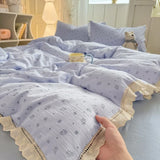 Ikeehome  new hollow lace wrinkled cotton four-piece set household student dormitory three-piece set bed sheet quilt cover