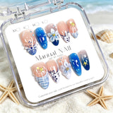 10pcs Blue Gradient French Almond Shaped False Nails 3D Flowers Shell Bubble Design  Press on Nails Wearable False Nails Tips