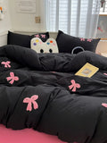 Ins Style Girl Blue 1.5m/1.8m Fitted Sheet Bow Towel Bedding Set Embroidery Washed Cotton Four-piece Set Bed Sheet Three-piece