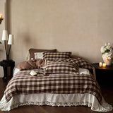 Korean Style Colorful Plaid Princess Bedding Set, 100% Cotton Yarn-Dyed Lace Duvet Cover Bed Sheet/Fitted Sheet Pillowcases 4Pcs
