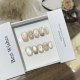 10Pcs Handmade Press on Nails Cat Eye Design Short Ballerina Full Cover Cute Bow Tie Sequin French False Nails Wearable Manicure