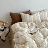 Nordic Simple Stripe Printed Bedding Sets Soft Washed Cotton Skin Friendly Duvet Cover Kit Cozy Bedclothes for Summer and Autumn