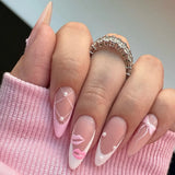 24pcs Pink Almond False Nail Art Datachable Cute Cherry Bow Design Nails Sets Press on Mid-length French Fake Nails Tip Finished