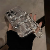 3D Silver Bow Tie Phone Case for IPhone 16 15 14promax 13 12Pro 11 Light Luxury Compatible Full Package Hanging Chain Design