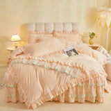 4Pcs Luxury Winter Thickened Soft Velvet Bedding Set Lace Ruffles Duvet Cover Set, Quilted Bedspread, Bed Skirt, Pillowcases