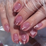 24Pcs Nude Pink Nail Tips Short Round Head False Nails with Design Wearable Finished Fake Nails Full Cover Press on Nails