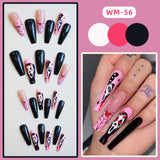 24Pcs Halloween Black Ghost Long Ballet False Nails With Heart Blood Design Halloween Press On Nails Detachable Full Cover Nails