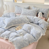 Princess Style Print Bedding Sets Ruffle Lace Bow Quilt Cover Romantic Bedclothes Home Decor Woman Girl Bedroom Duvet Cover 4pcs