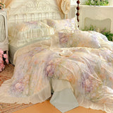 Egyptian Cotton Bedding Set Luxury Flowers Printing Lace Princess Duvet Cover Sets Fitted Bed Sheet Pillowcases Home Textile